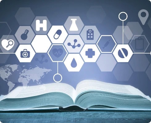 Offenes Buch mit medizinischen Symbolen und Hexagon-Icons im Hintergrund.