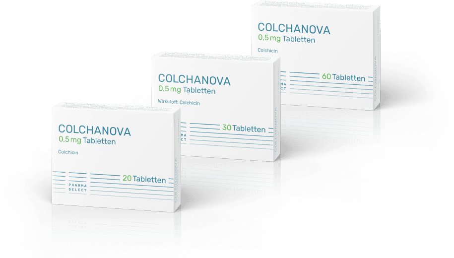 Drei Packungen Colchanova mit 20, 30 und 60 Tabletten, pharmazeutisches Produkt der PharmaSelect.