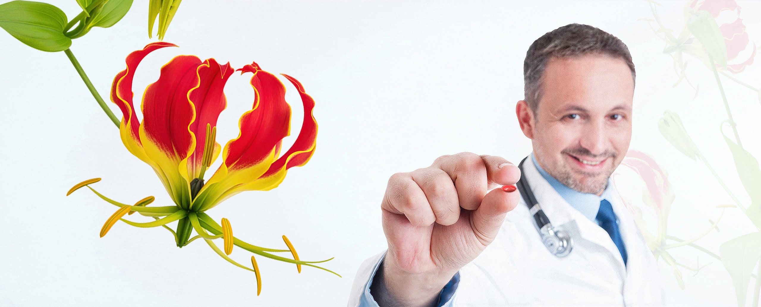 Arzt mit Stethoskop vor einer bunten Blume, symbolisch für Gesundheit und Natur.