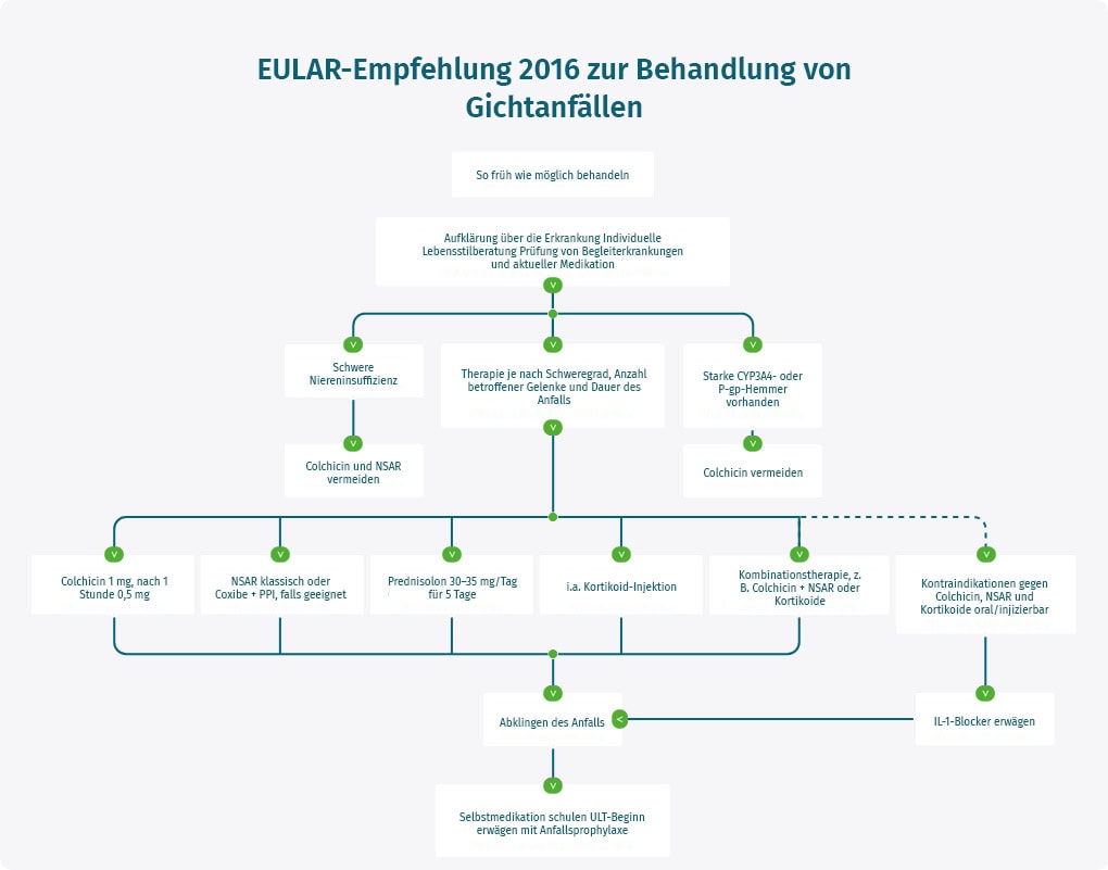 Flussdiagramm zur Behandlung von Gichtanfällen nach EULAR 2016.